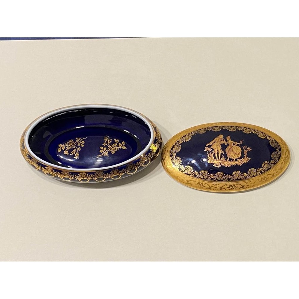 Vintage Limoges France porcelain trinket Dish cobalt blue~gold accents‎